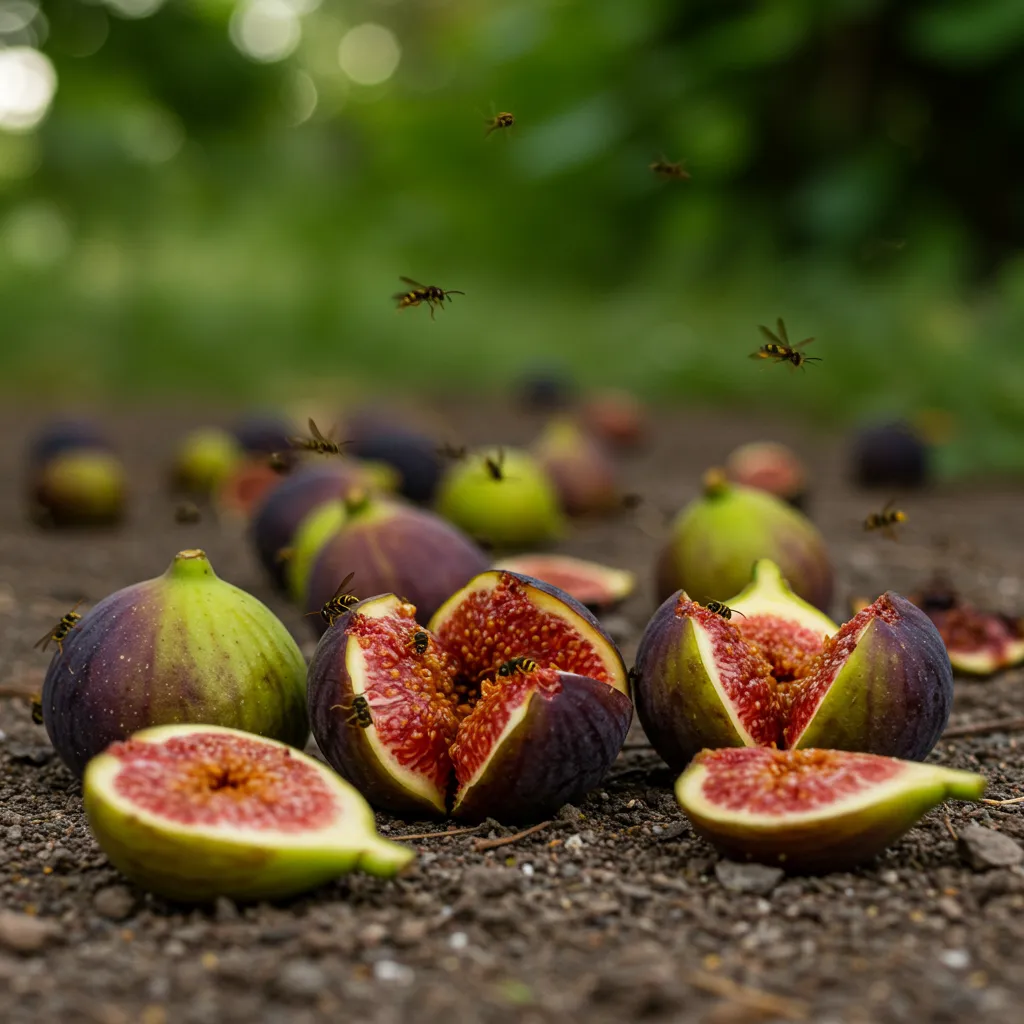 Figues tombées et fermentant au sol attirant des guêpes et insectes nuisibles sous un figuier