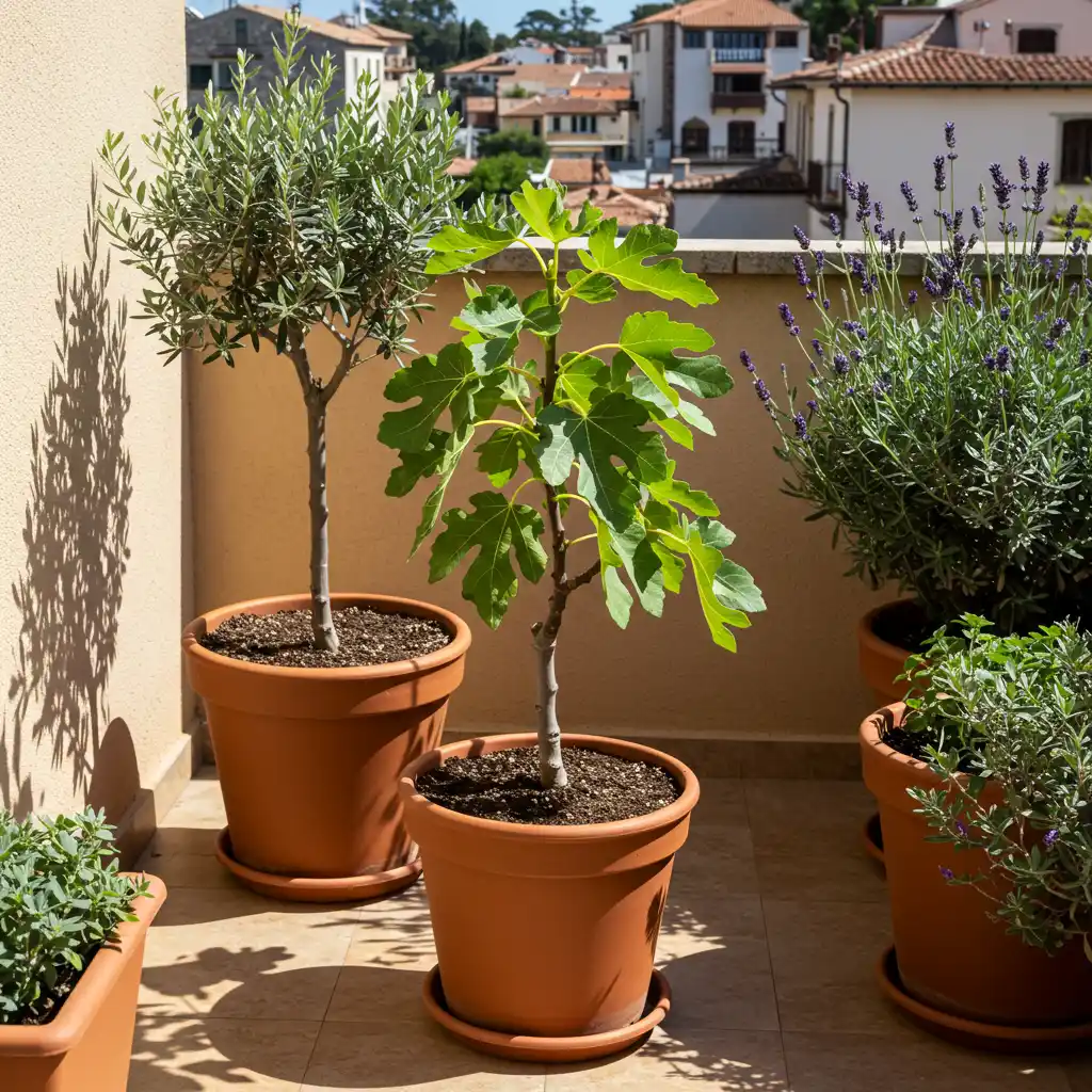 Comparaison d'un figuier en pot avec des alternatives méditerranéennes comme l'olivier et la lavande sur une terrasse ensoleillée