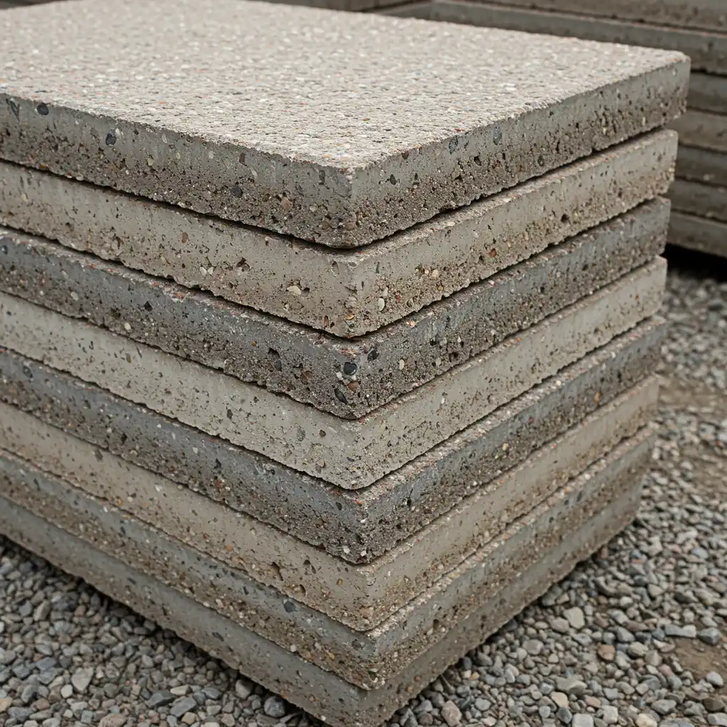 Gros plan sur des dalles gravillonnées 50x50 cm empilées montrant leur texture et leur épaisseur