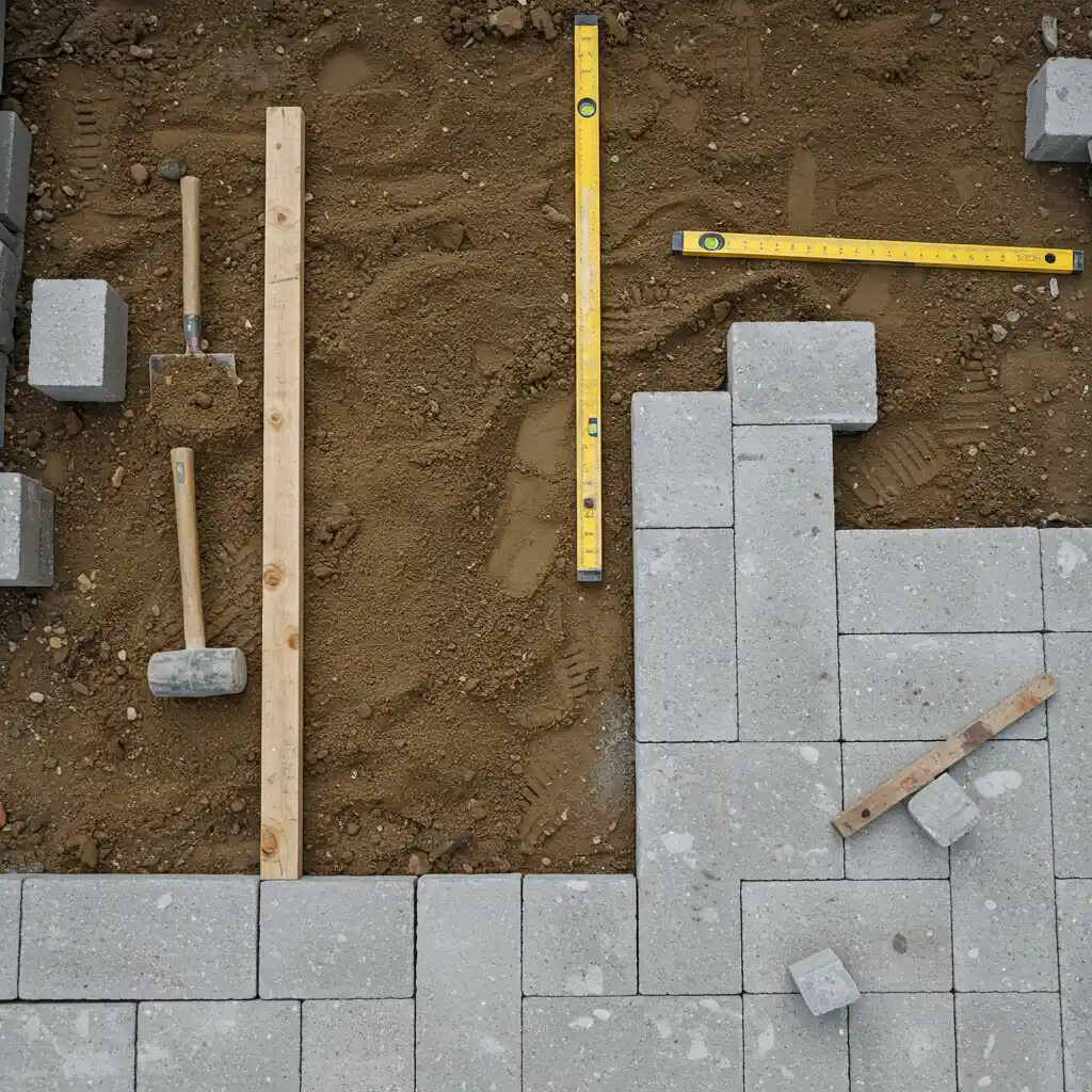 Pose de dalles gravillonnées 50x50 cm sur lit de sable compacté lors d'un chantier de bricolage extérieur