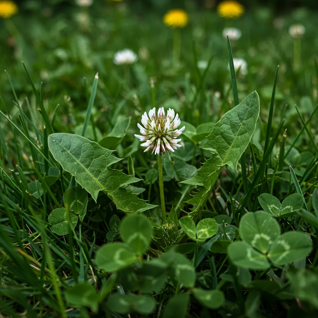 Gros plan sur des mauvaises herbes courantes comme le pissenlit, le trèfle blanc et le plantain poussant dans une pelouse
