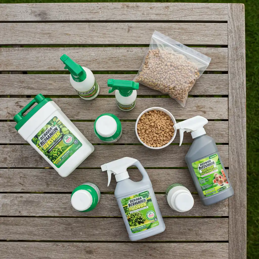 Gamme de désherbants sélectifs pour gazon en flacon et en granulés disposés sur une table de jardin