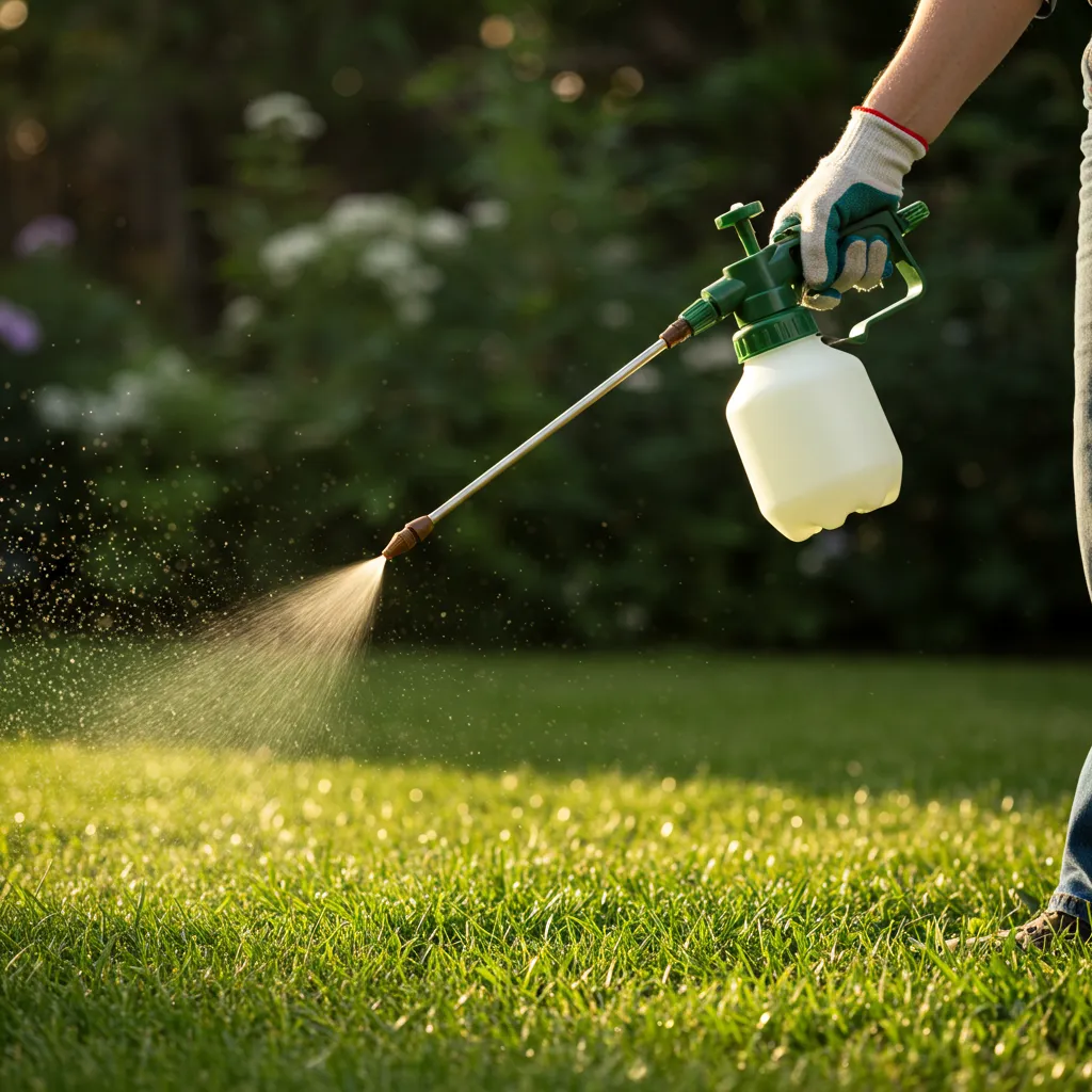 Personne avec des gants de jardinage appliquant un désherbant liquide sur une pelouse avec un pulvérisateur à main