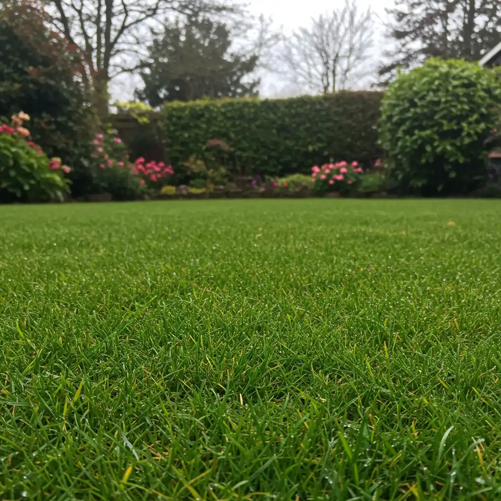 Pelouse verte uniforme et dense après traitement désherbant réussi dans un jardin résidentiel