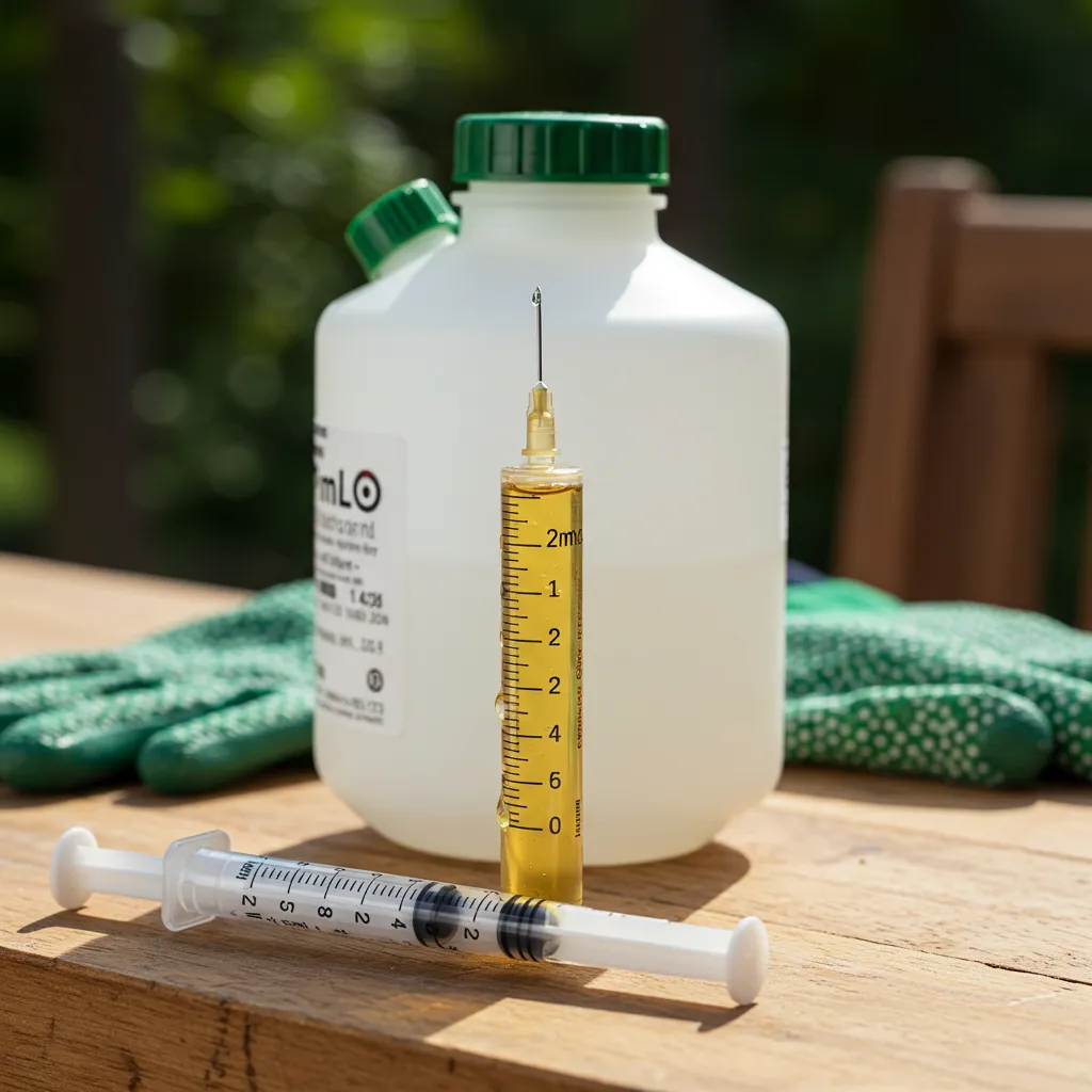 Seringue graduée mesurant précisément une dose de concentré herbicide à verser dans un pulvérisateur de jardin
