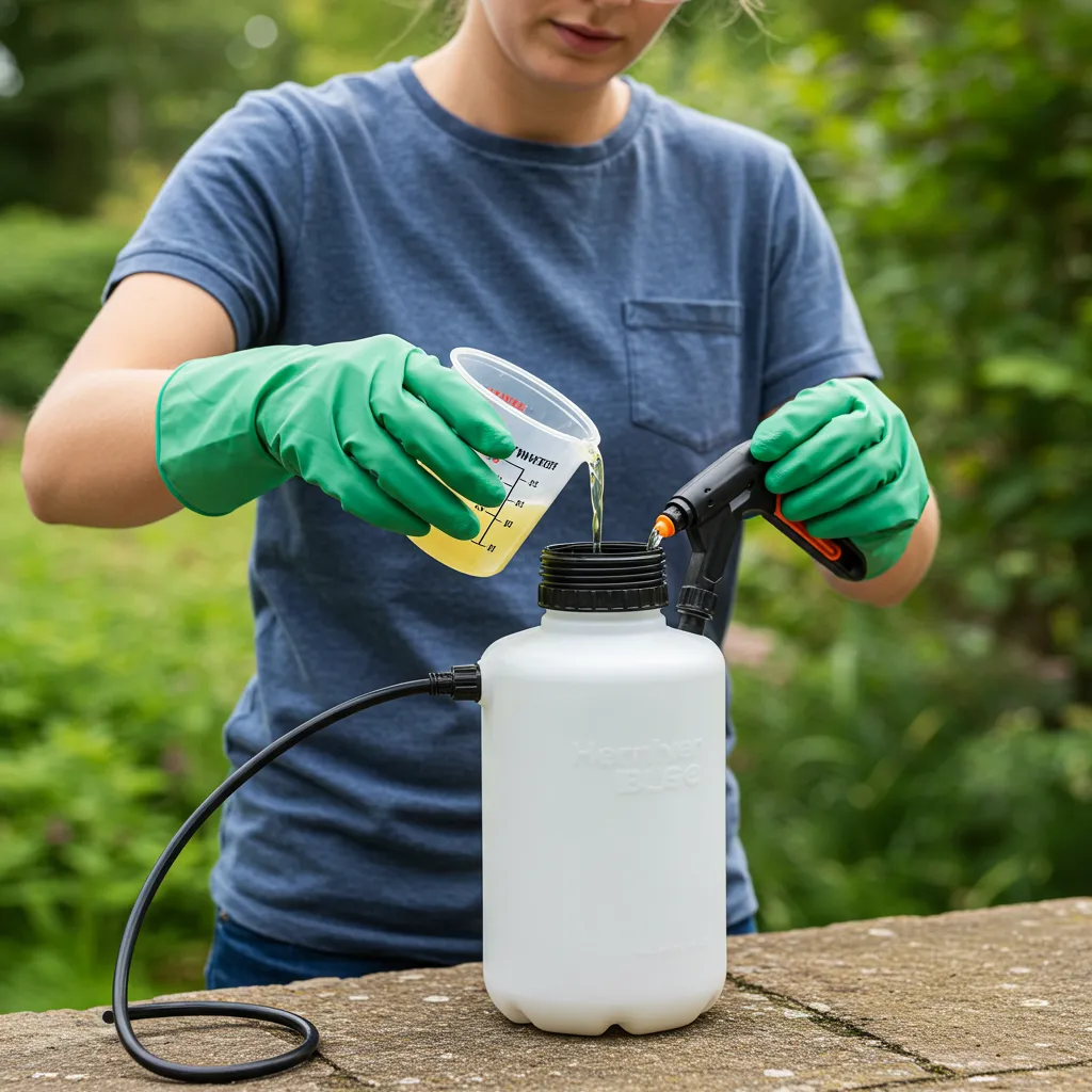 Personne équipée de gants et lunettes de protection préparant une solution herbicide dans un pulvérisateur de jardin