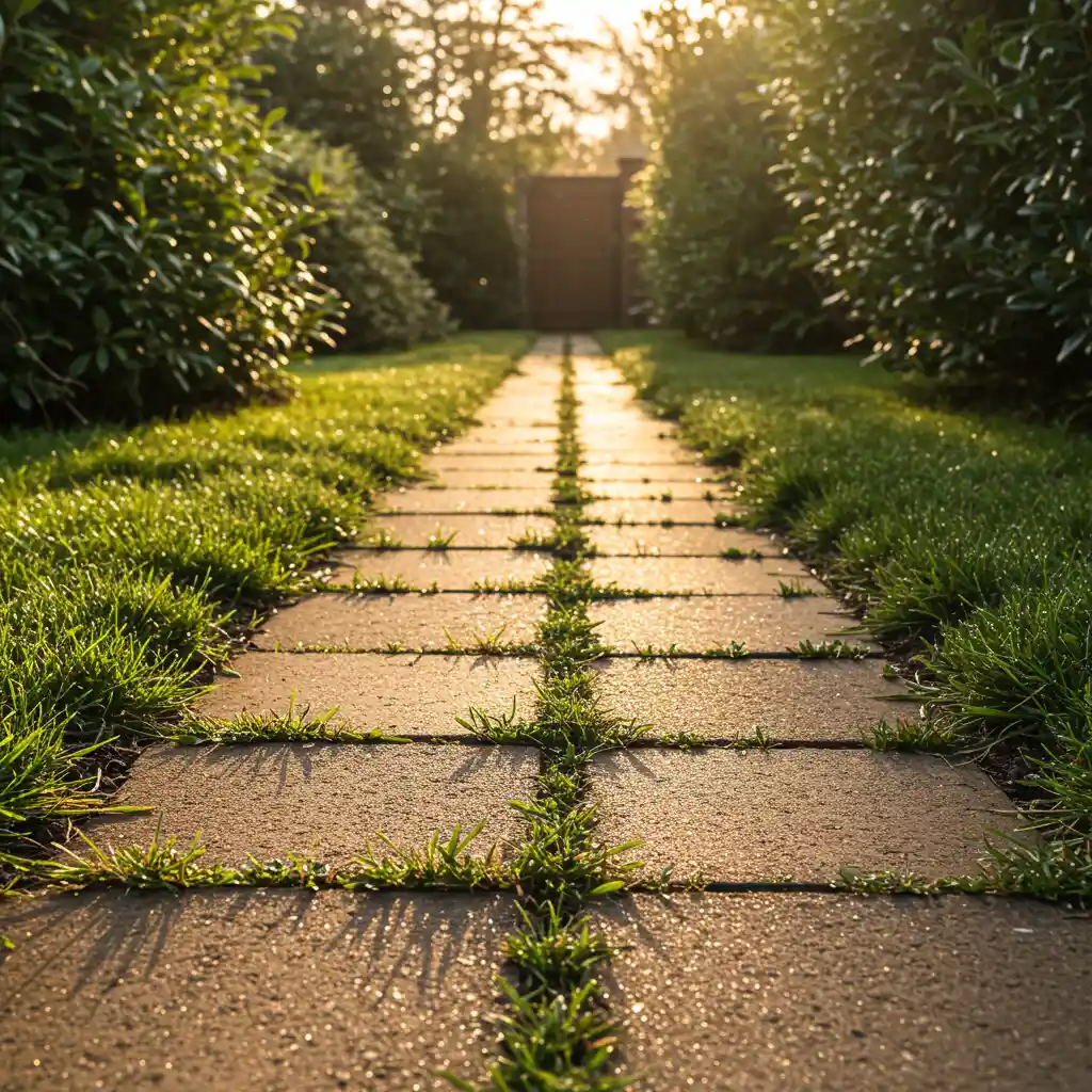 Allée de jardin ensoleillée avec des mauvaises herbes entre les pavés par temps sec et chaud, conditions idéales pour un traitement herbicide