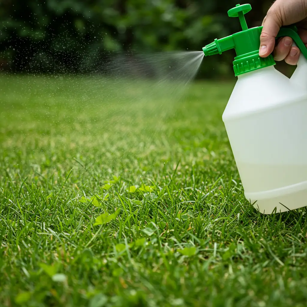 Application d'un désherbant sélectif en spray sur des mauvaises herbes à feuilles larges dans une pelouse verte