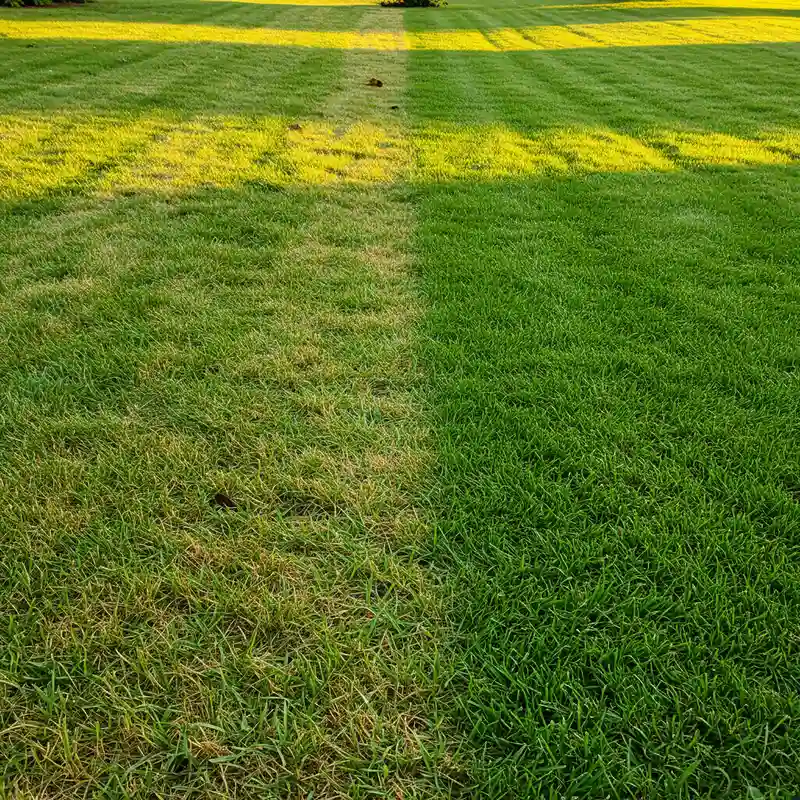 Pelouse montrant le résultat d'un traitement désherbant sélectif avec des mauvaises herbes jaunissantes à côté d'un gazon vert et dense