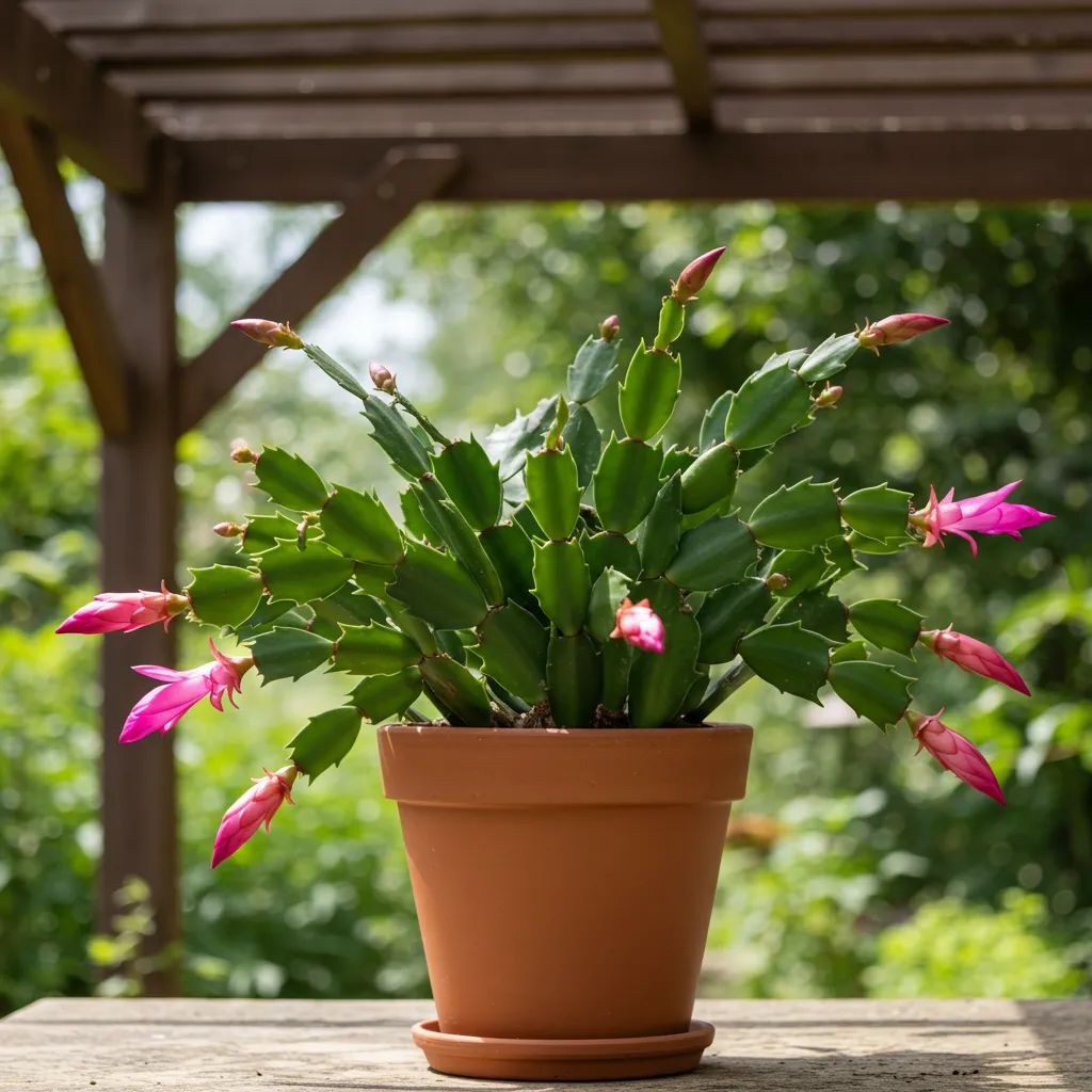 Cactus de Noël placé à l'ombre sous une pergola en extérieur pendant l'été