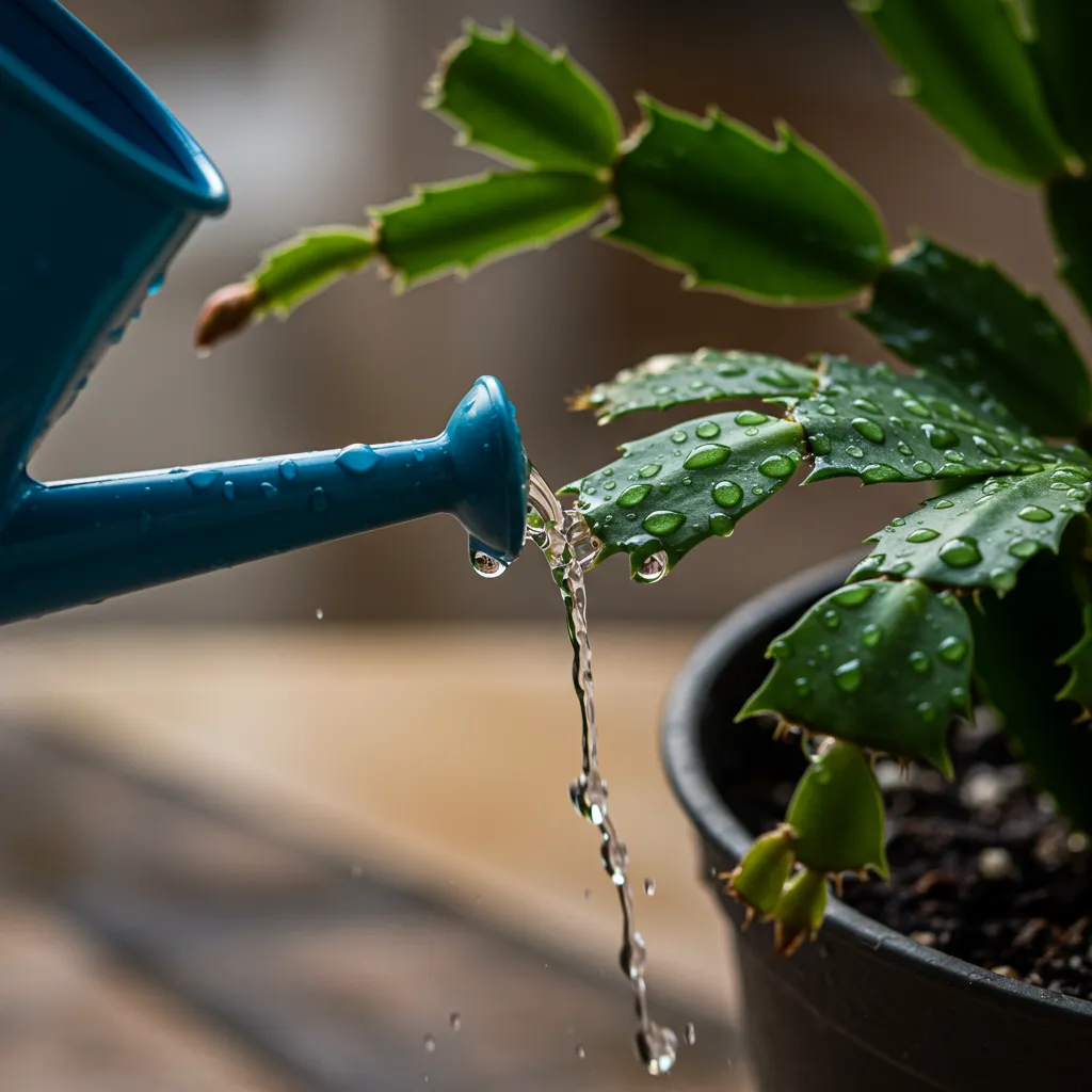 Arrosage d'un cactus de Noël en extérieur à l'ombre sur une terrasse en pierre