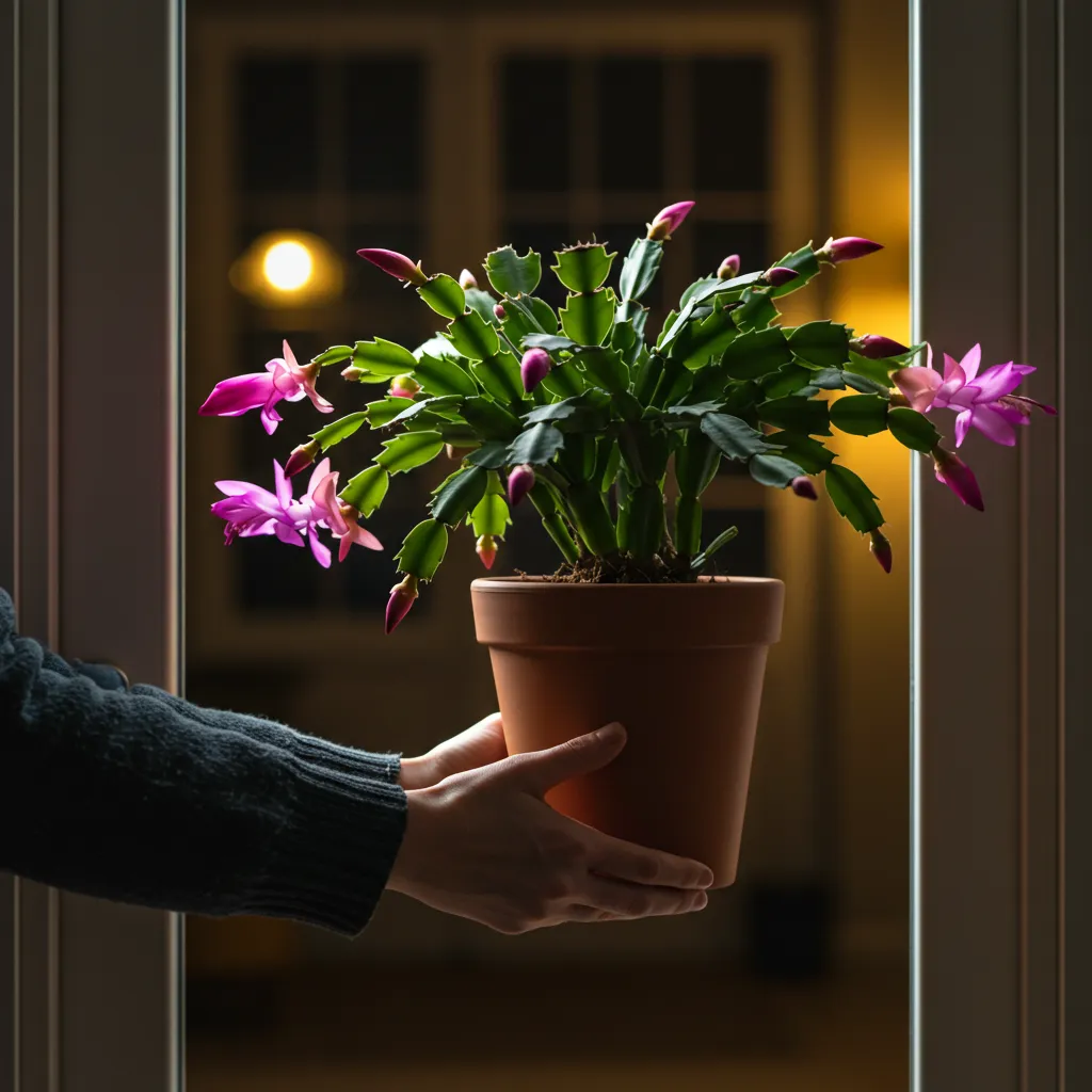 Rentrée d'un cactus de Noël à l'intérieur à l'automne pour déclencher la floraison