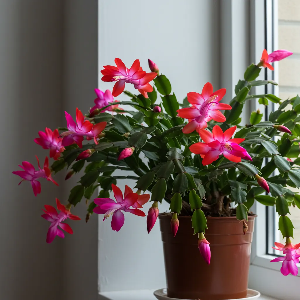 Cactus de Noël en pleine floraison hivernale sur un rebord de fenêtre orienté à l'est