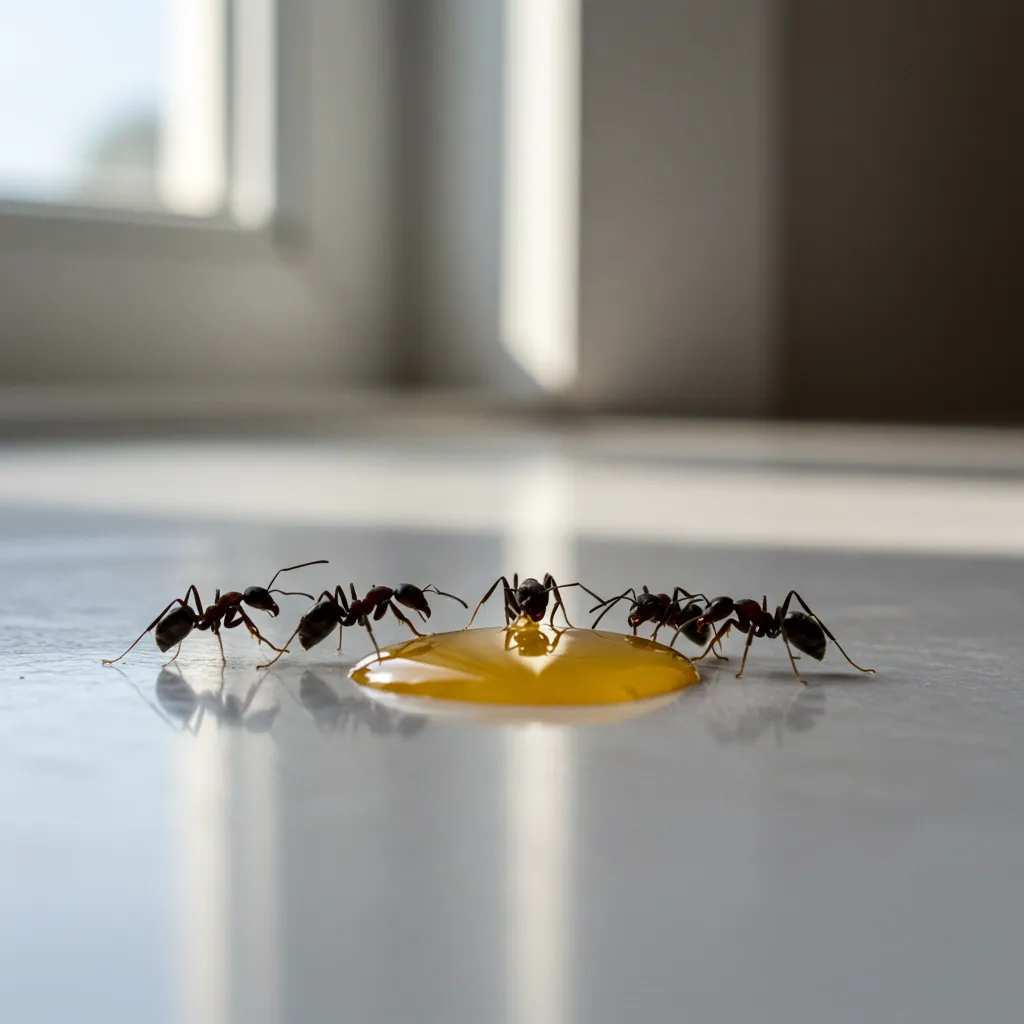 Fourmis noires attirées par une goutte de miel sur un plan de travail blanc dans une cuisine