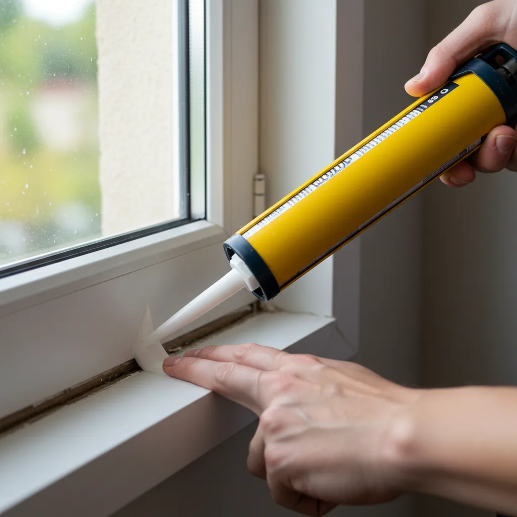 Mains appliquant du mastic d'étanchéité sur le joint d'une fenêtre pour bloquer les points d'entrée des fourmis