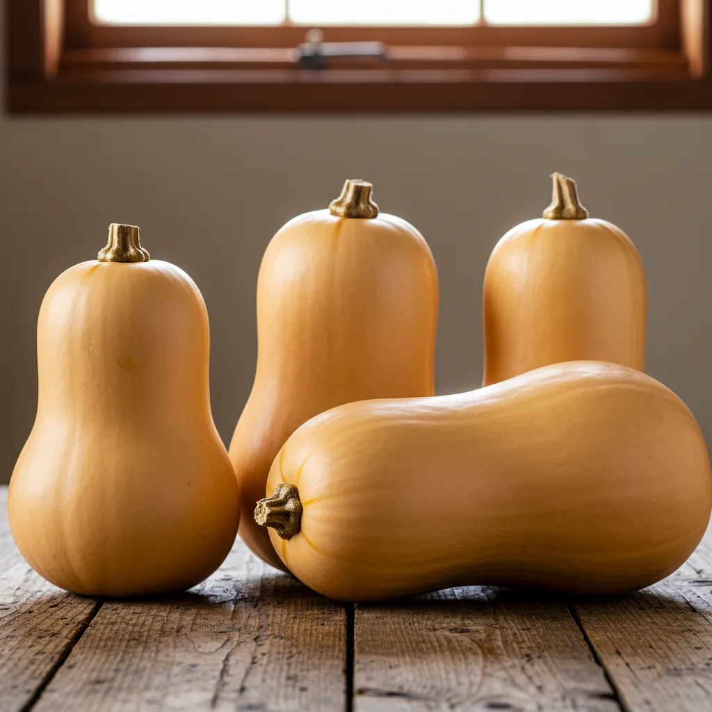 Plusieurs courges butternut récoltées de tailles variées posées sur une table en bois illustrant les différents rendements selon le type de plant