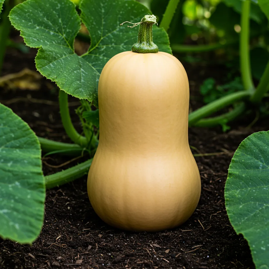 Grosse courge butternut mûre au sol dans un potager illustrant la stratégie qualité avec peu de fruits bien développés par pied