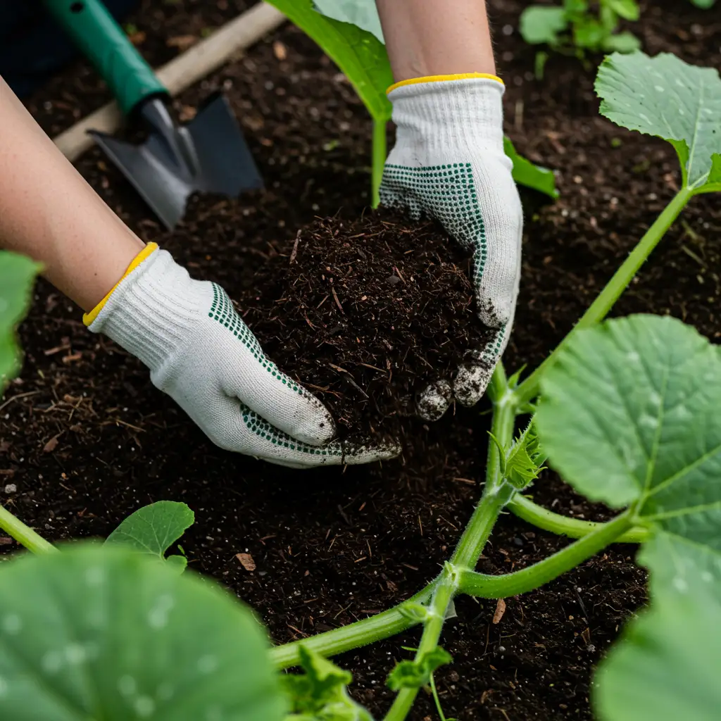 Mains gantées d'un jardinier apportant du compost au pied d'un plant de butternut pour enrichir le sol et améliorer le rendement