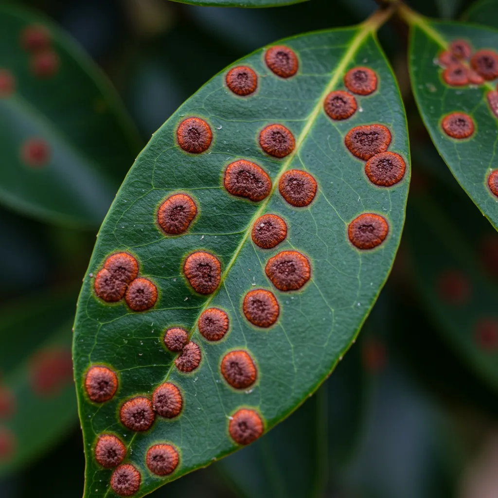 Gros plan sur feuilles de Photinia atteintes d'entomosporiose avec taches brunes cerclées de rouge