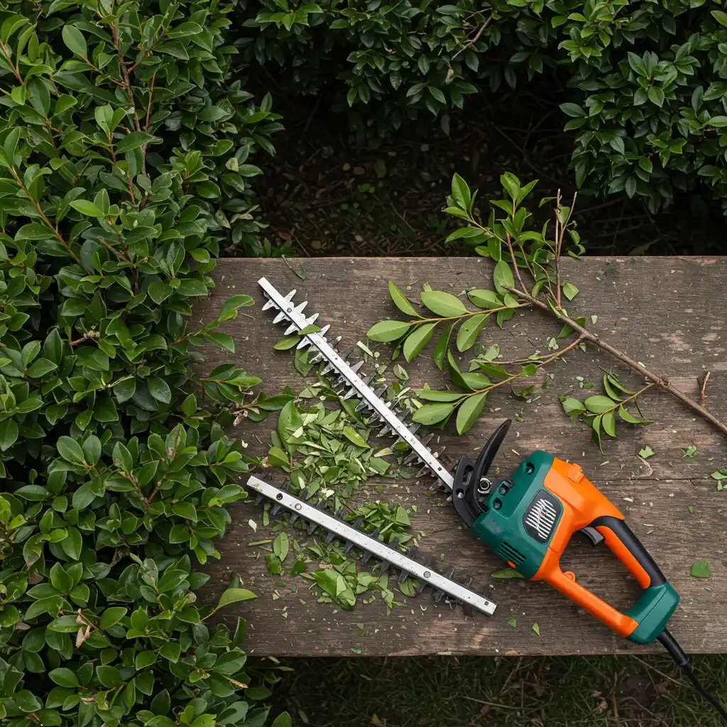 Outils de taille et branches fraîchement coupées lors de l'entretien d'une haie de Photinia