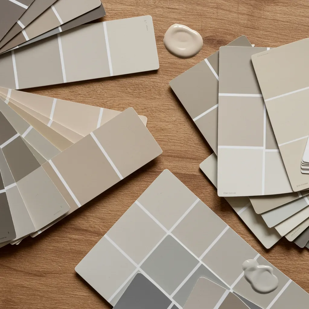 Échantillons de couleurs de peinture façade en nuances beige, greige et gris clair