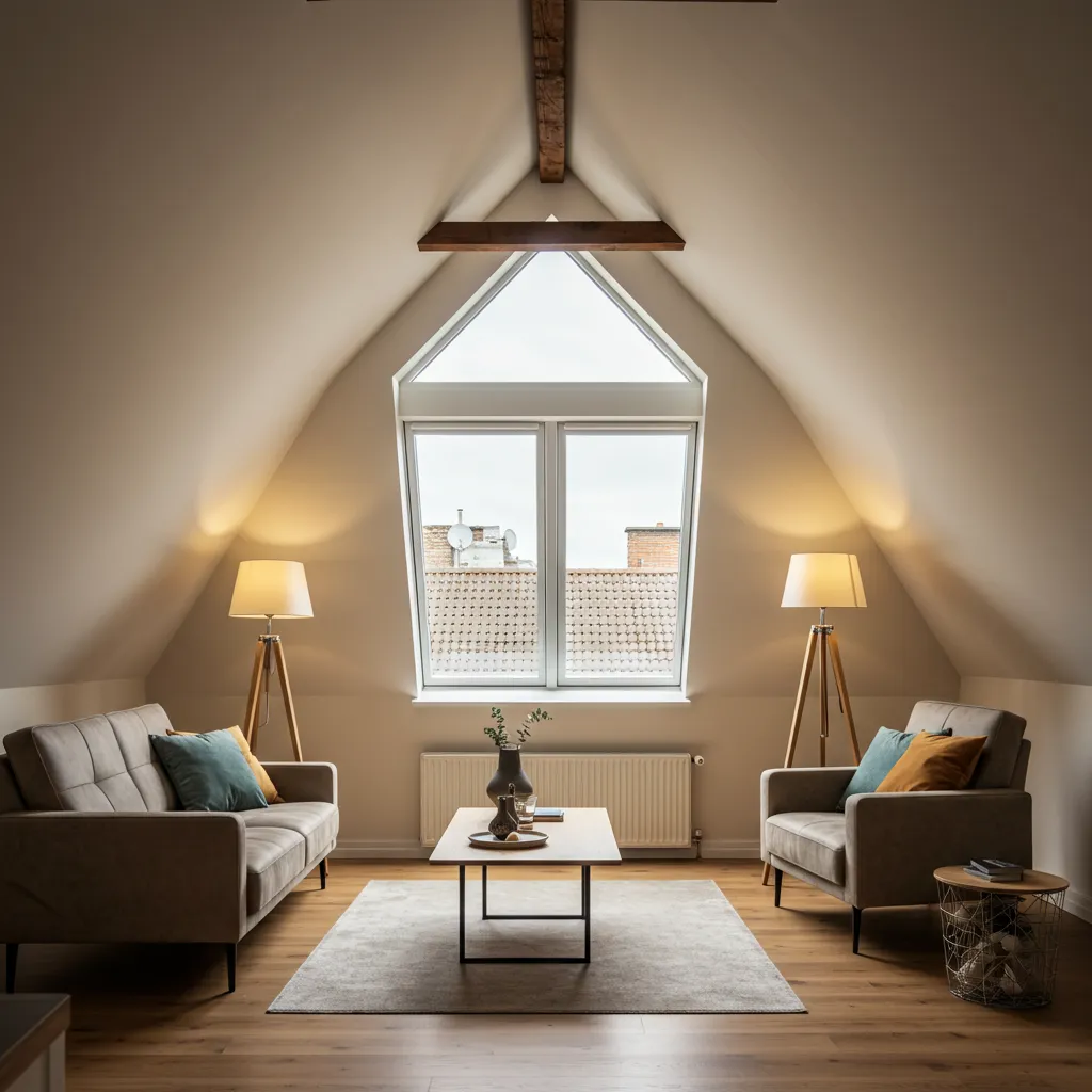 Intérieur de combles aménagés avec vue depuis la lucarne chien-assis à hauteur des yeux