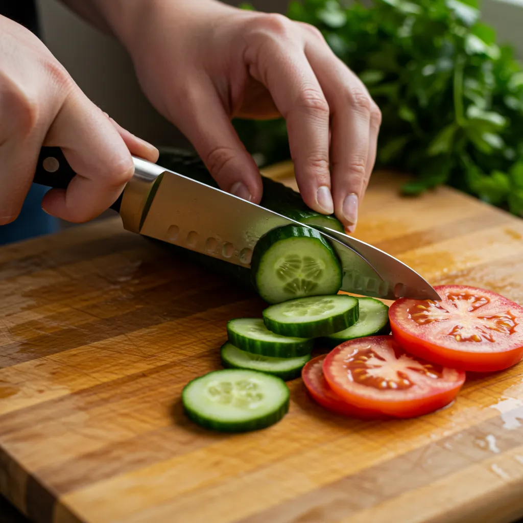 Préparation des légumes : découpe du concombre et des tomates sur une planche en bois