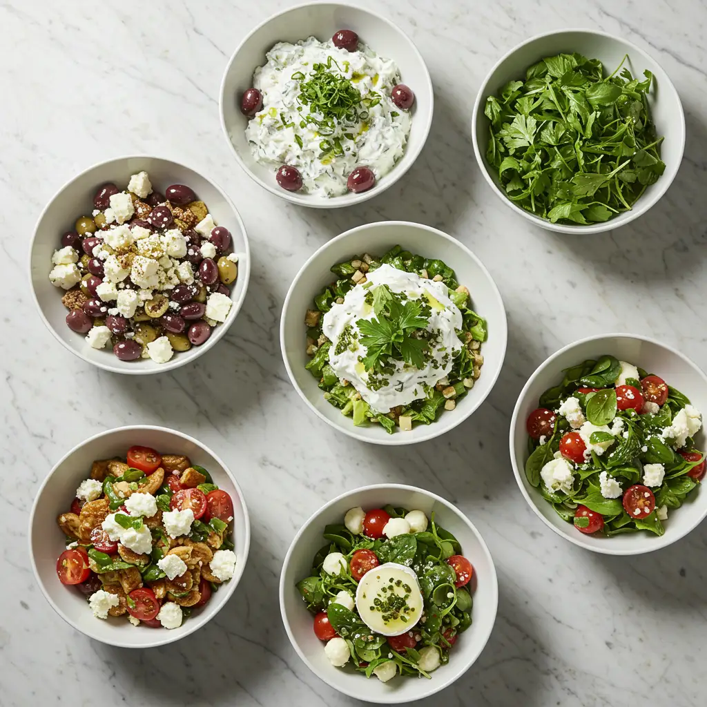 Comparaison visuelle des six variantes de salade tomate-concombre présentées côte à côte
