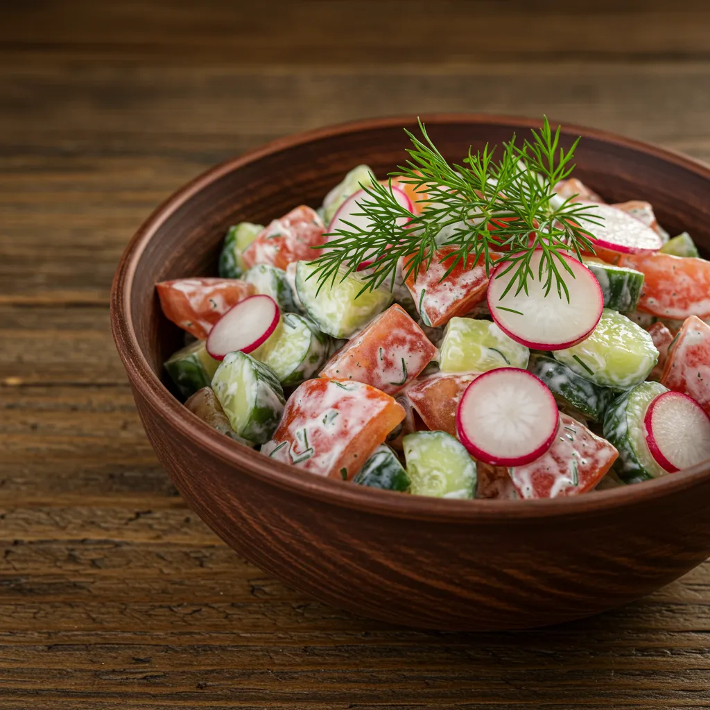 Salade ukrainienne crémeuse à l'aneth avec radis roses et tomates anciennes