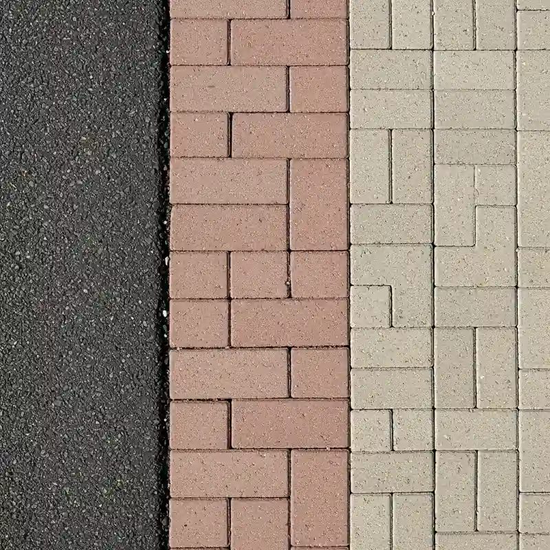 Comparaison visuelle de différents types de revêtements : enrobé, béton et pavés