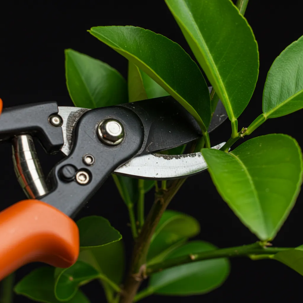 Sécateur tranchant coupant une branche de citronnier avec feuillage vert en arrière-plan