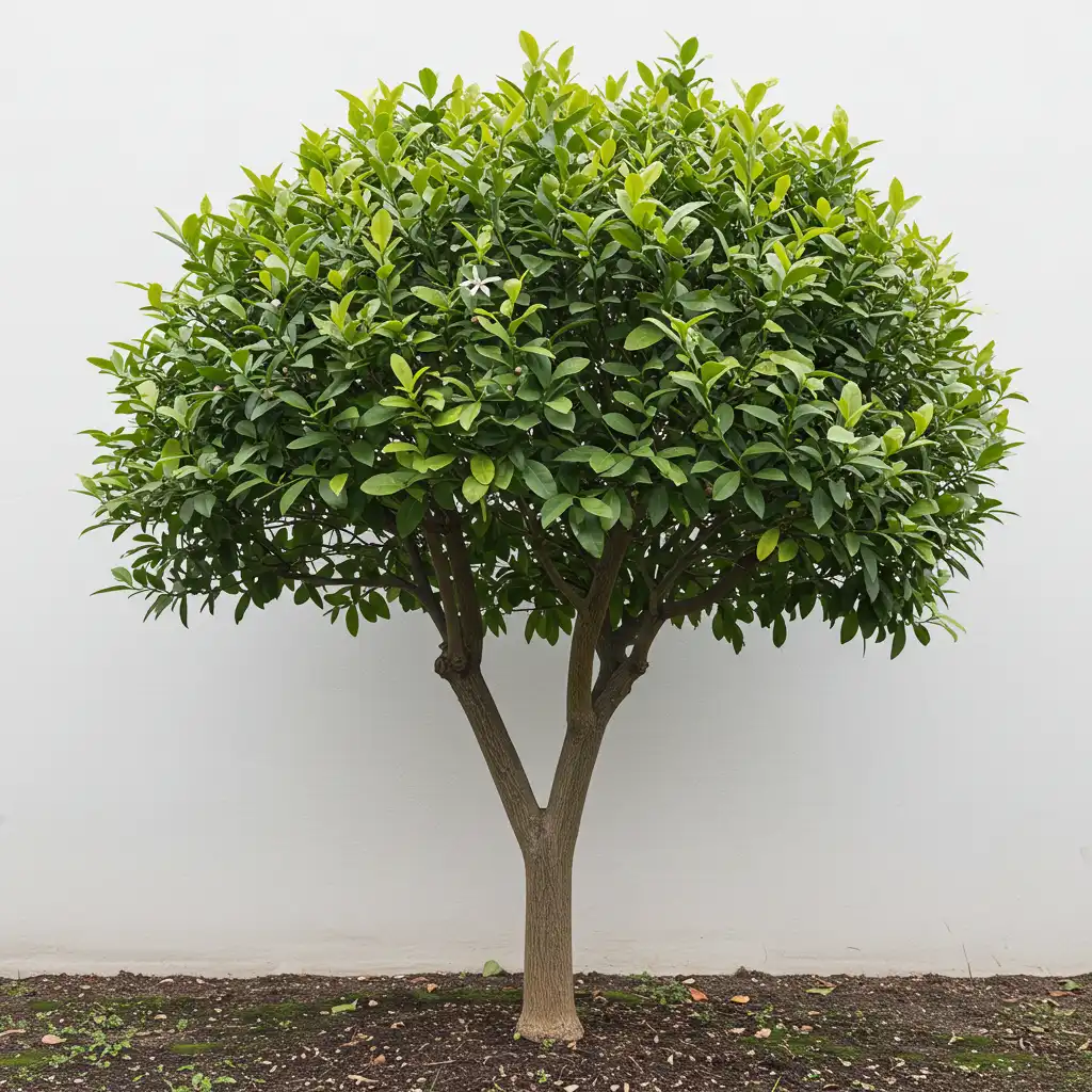 Citronnier en pot bien taillé avec une couronne compacte en forme de boule et structure équilibrée