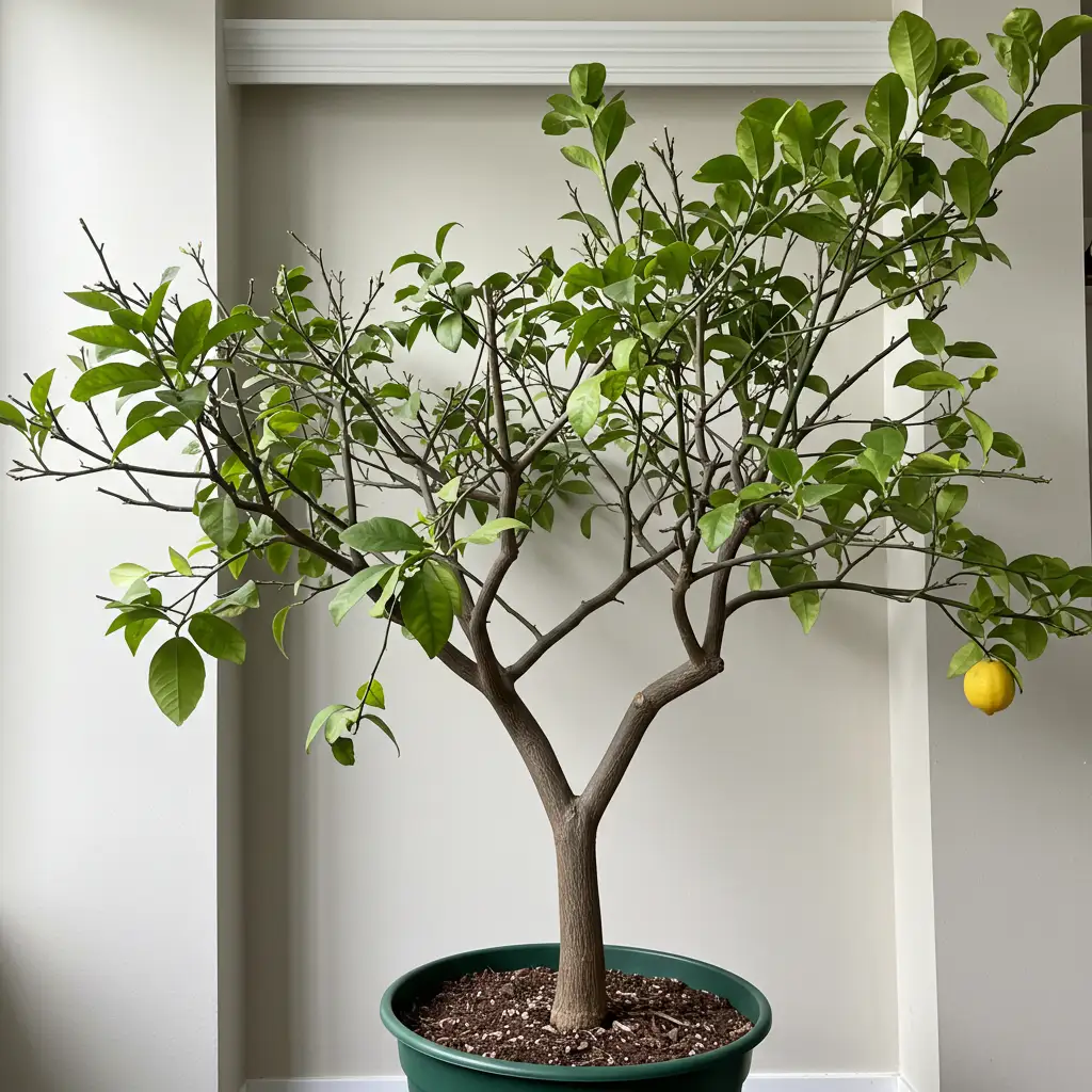 Citronnier mal taillé avec branches enchevêtrées et structure désorganisée montrant les erreurs à éviter