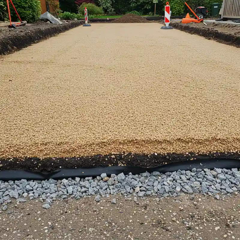 Détail des couches de préparation d'une allée avec géotextile et grave compactée