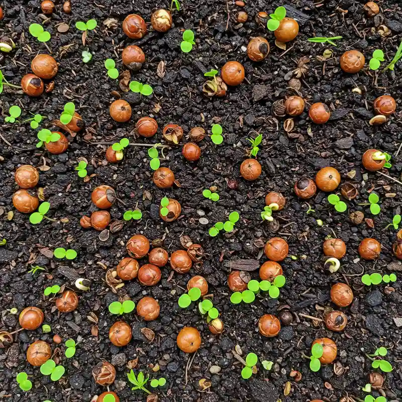 Accumulation de fruits tombés et jeunes pousses spontanées du savonnier au sol