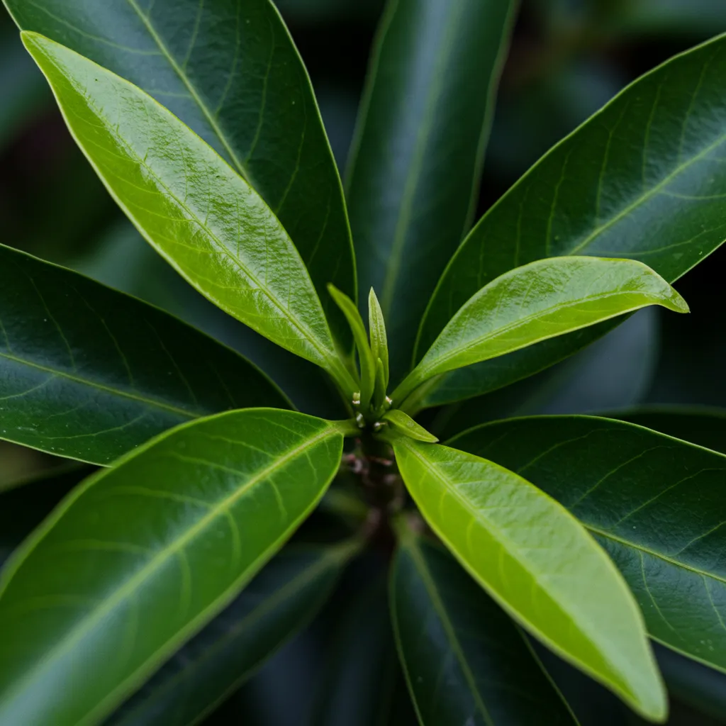 Gros plan détaillé des feuilles toxiques de l'oranger du Mexique montrant leur texture et structure