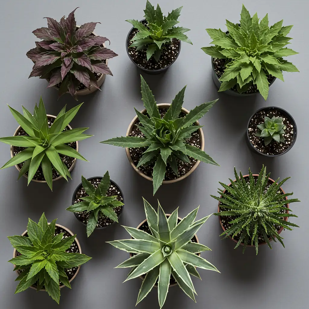 Arrangement de plusieurs plantes toxiques en pots pour comparaison visuelle des différentes espèces dangereuses