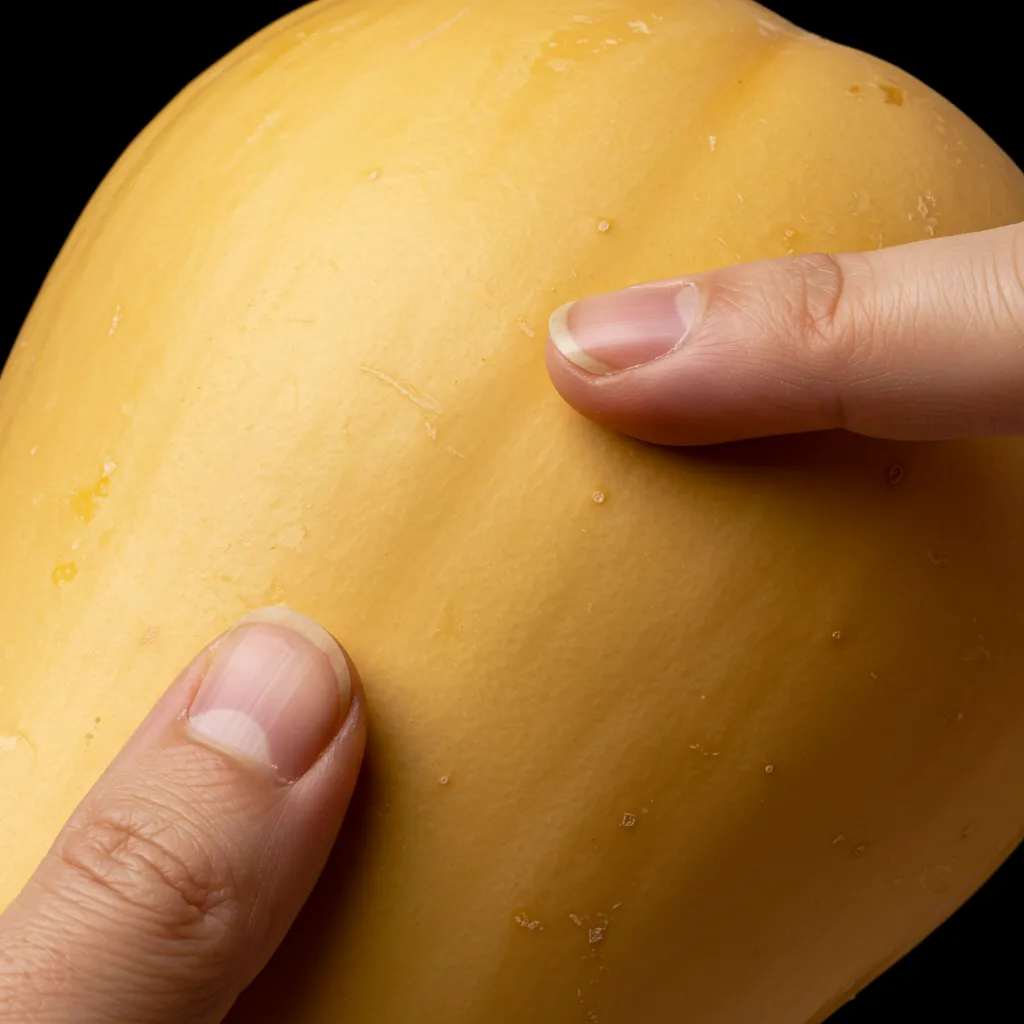 Gros plan sur la peau d'une butternut mûre avec test de l'ongle, montrant la couleur beige uniforme et la dureté de l'écorce