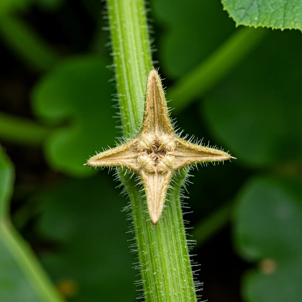Détail du pédoncule sec et bruni d'une butternut mûre, montrant le changement de couleur du vert au brun