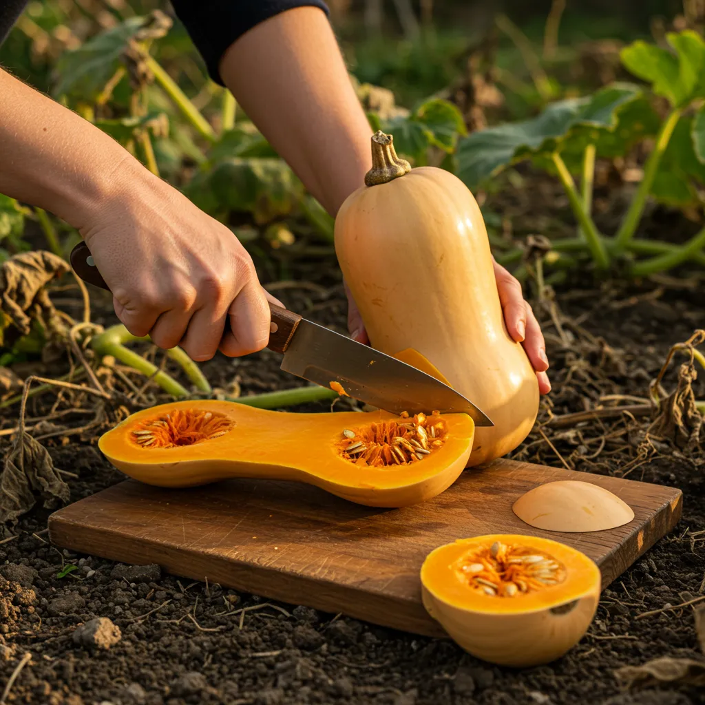 Technique de récolte d'une butternut avec pédoncule de 5 à 10 cm, montrant la bonne méthode de coupe au couteau