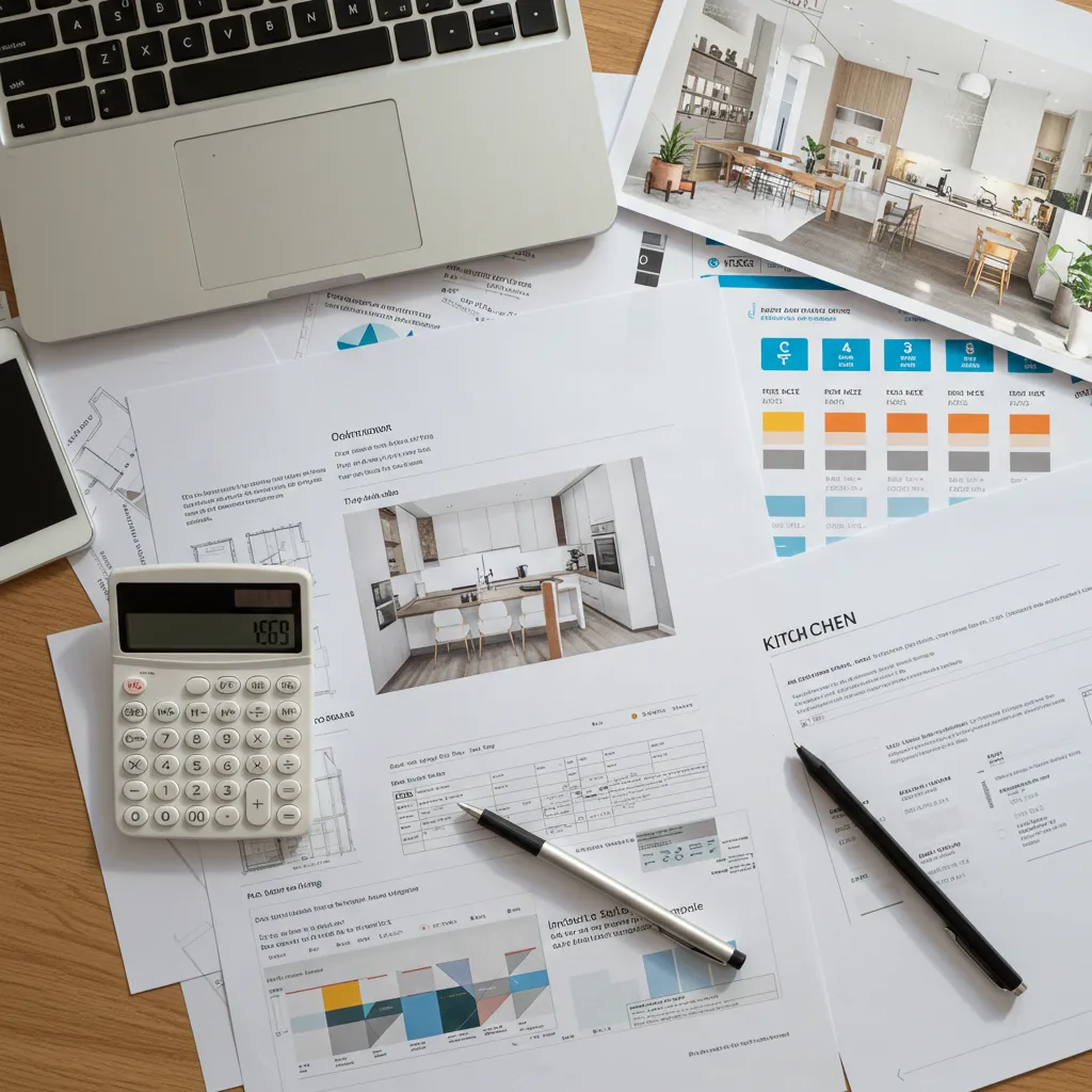 Documents de planification et devis de cuisine disposés sur un plan de travail avec calculatrice