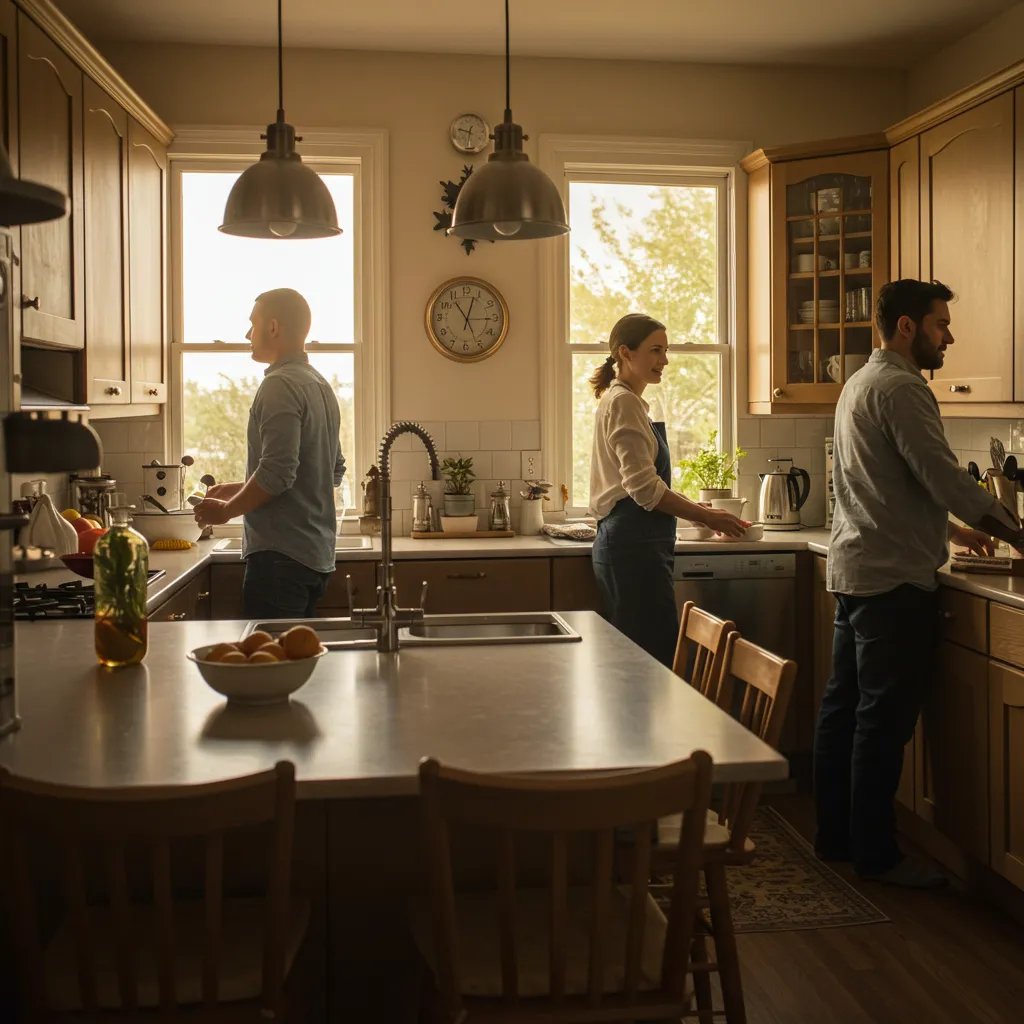 Cuisine en utilisation quotidienne avec ambiance chaleureuse et lumière naturelle