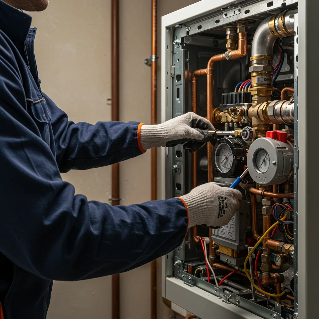 Technicien chauffagiste effectuant l'entretien d'une chaudière gaz avec professionnalisme