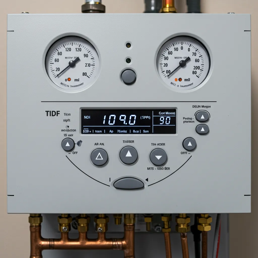 Panneau de contrôle d'une chaudière gaz avec affichage numérique et indicateurs techniques