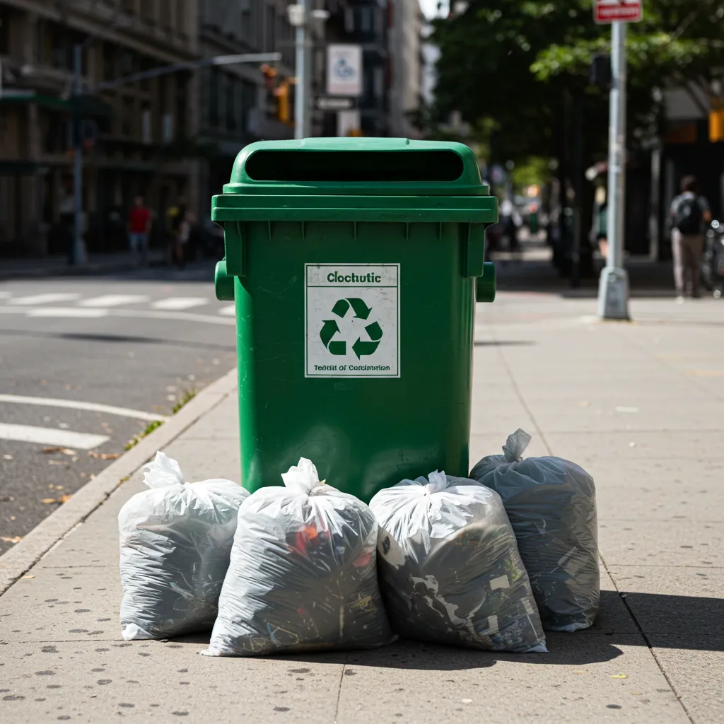 Borne de collecte textile verte installée sur un trottoir urbain, avec des sacs de vêtements déposés à proximité