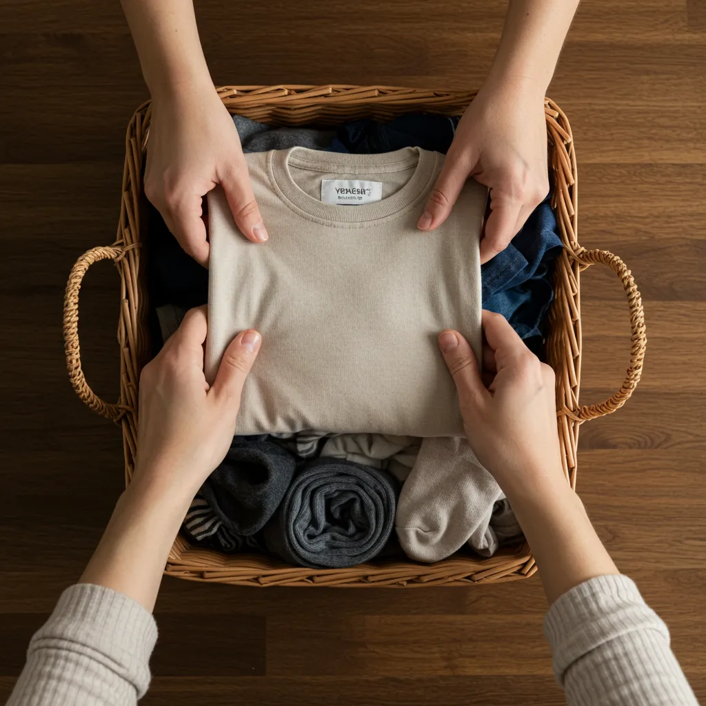 Mains pliant un t-shirt usagé propre au-dessus d'un panier rempli de vêtements triés prêts à être donnés