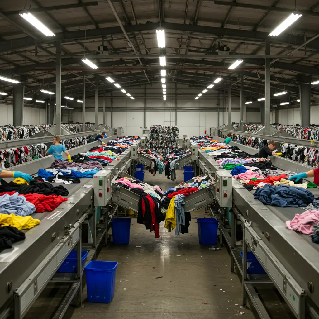 Centre de tri textile industriel avec des vêtements collectés acheminés sur des tapis roulants pour être triés et valorisés
