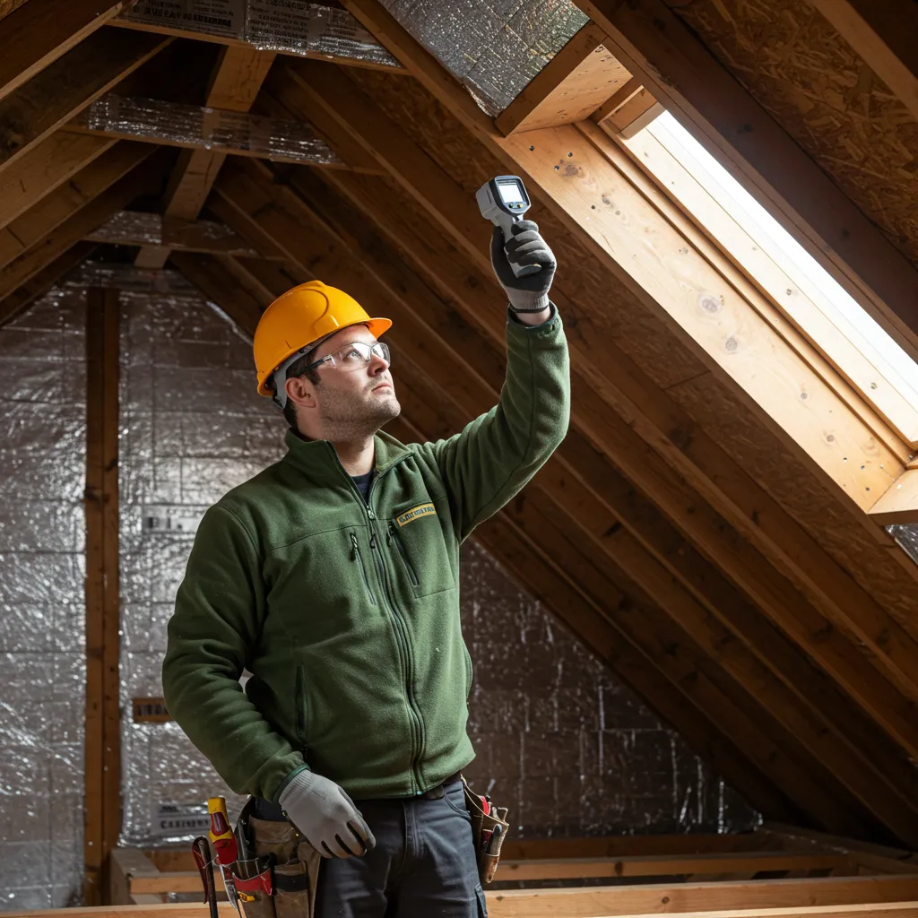 Expert RGE réalisant une inspection thermique dans les combles d'une maison lors d'un audit énergétique sur site