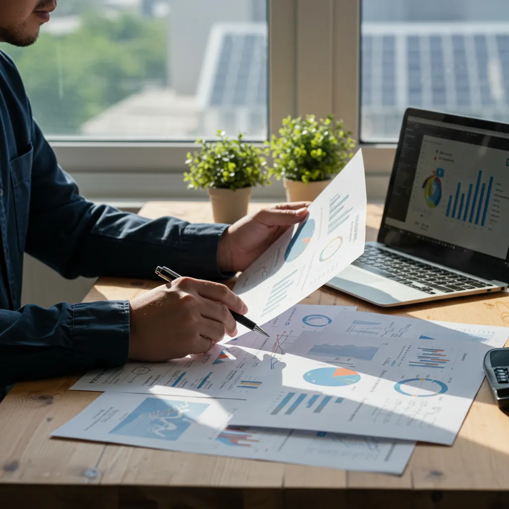 Expert en énergies renouvelables analysant des documents techniques et des données de projets opérationnels