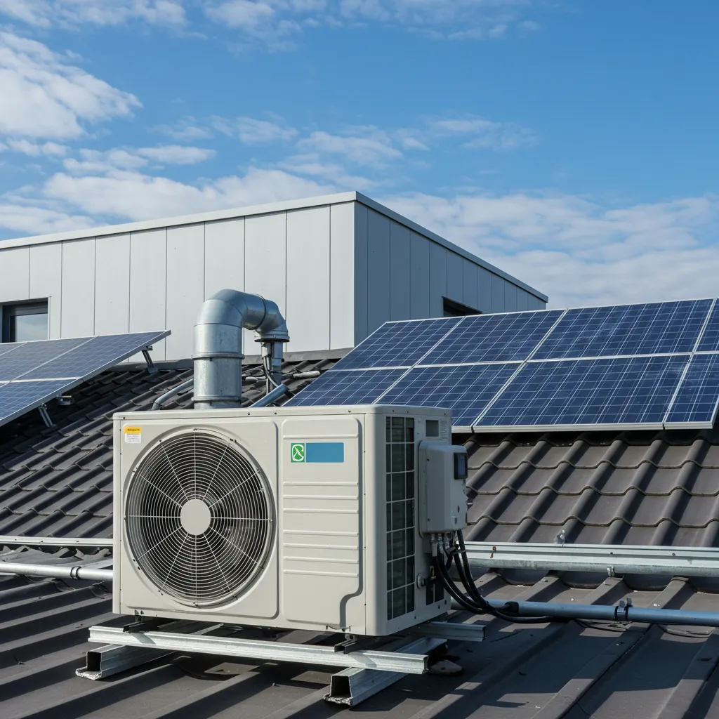 Installation hybride multi-sources combinant panneaux solaires et pompe à chaleur géothermique, illustrant le concept de co-valence énergie